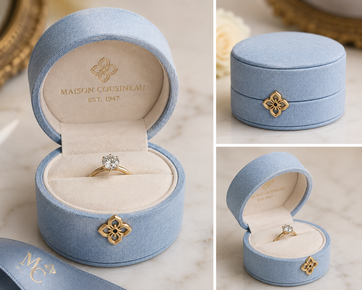 Maison Cousineau blue jewelry box with cream interior and gold floral clasp