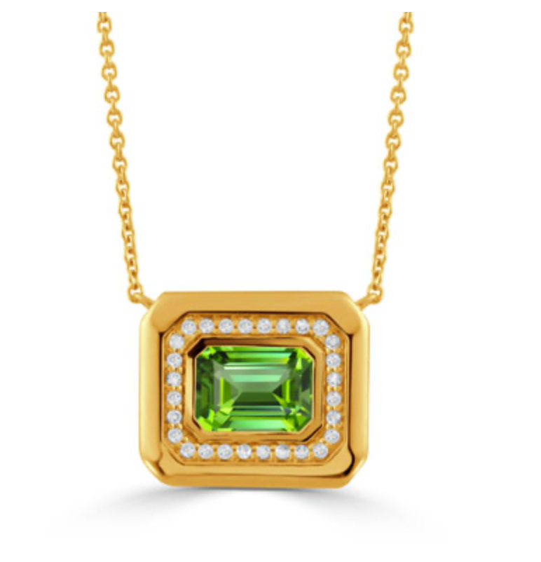 DOVES 18KY DIAMOND NECKLACE WITH PERIDOT D28=.11 PD=1.12