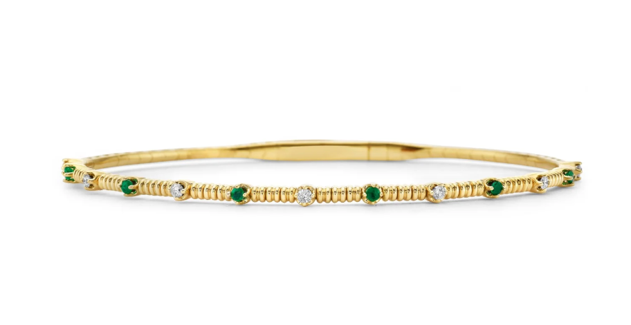 GC 14KY Stationary Diamond and Emerald Flexible Bangle Dia - .07 ctw em.05 ctw