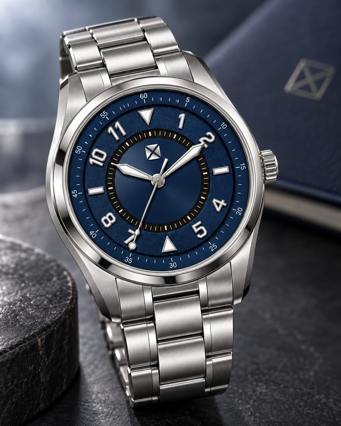 Meridian development render with a sculptural case, large applied Arabic numerals and a layered blue dial