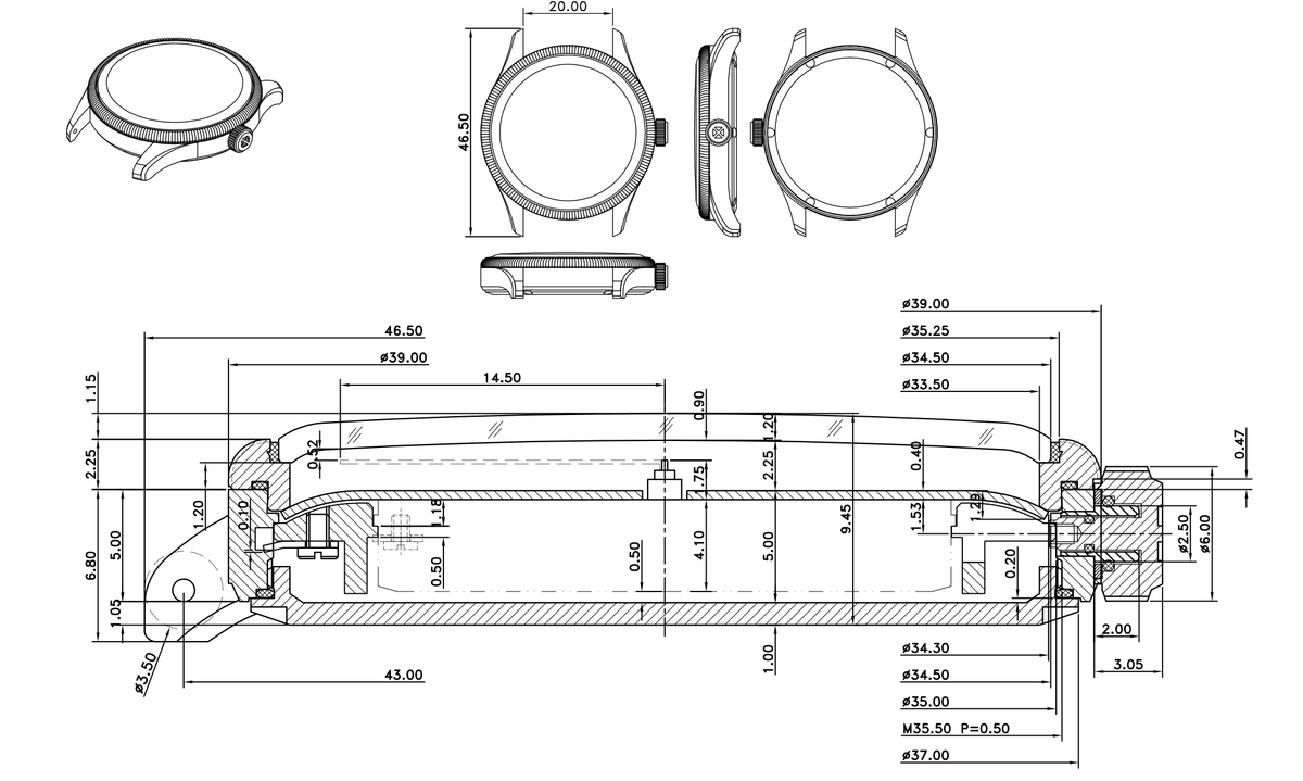 Cousineau development drawing showing exterior case views and a dimensioned cross-section