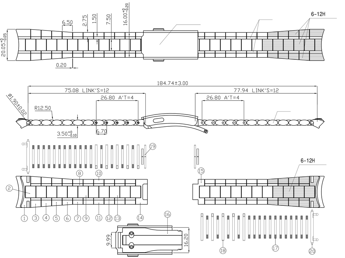 Cousineau bracelet development drawing showing taper, link construction and clasp layout