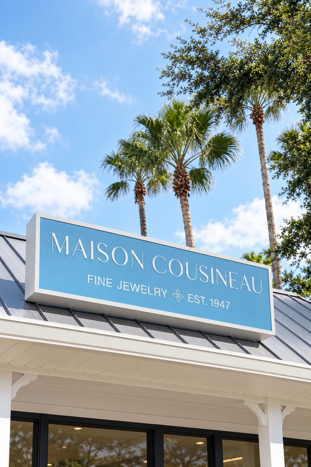 Maison Cousineau storefront sign beneath palm trees and blue sky