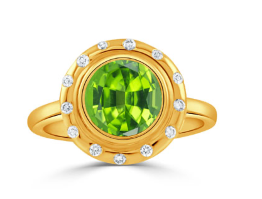 DOVES 18KY DIAMOND RING WITH PERIDOT CENTER D13=.12 PD=2.00