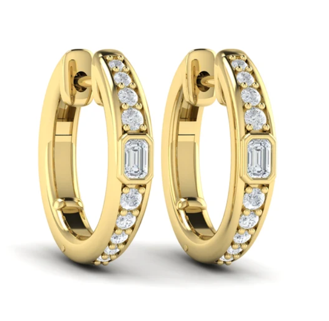 Vlora 14KY Bezel Set Emerald and Round Diamond Hoops .46 CTW