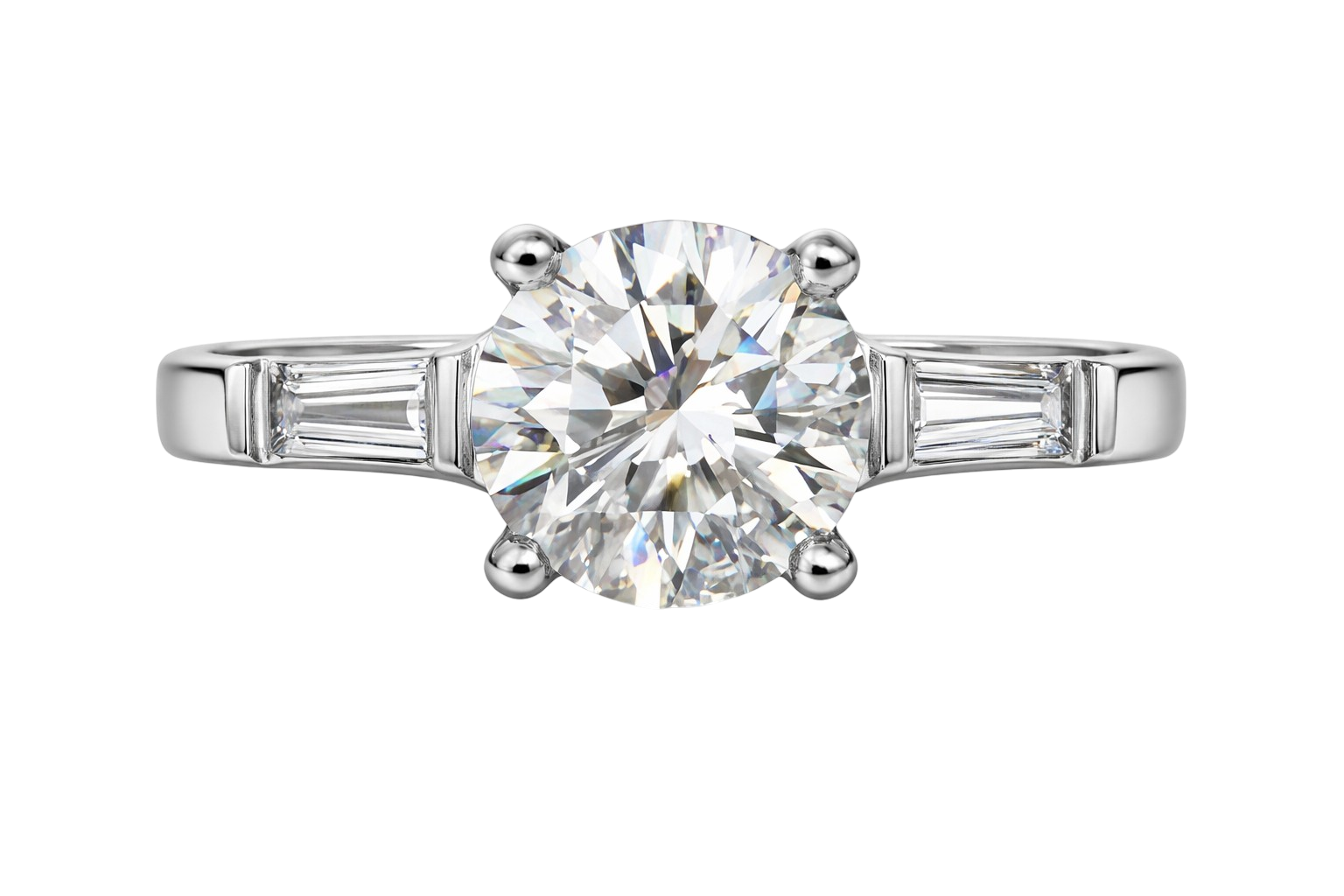 A classic round brilliant engagement ring with tapered baguette side stones in platinum